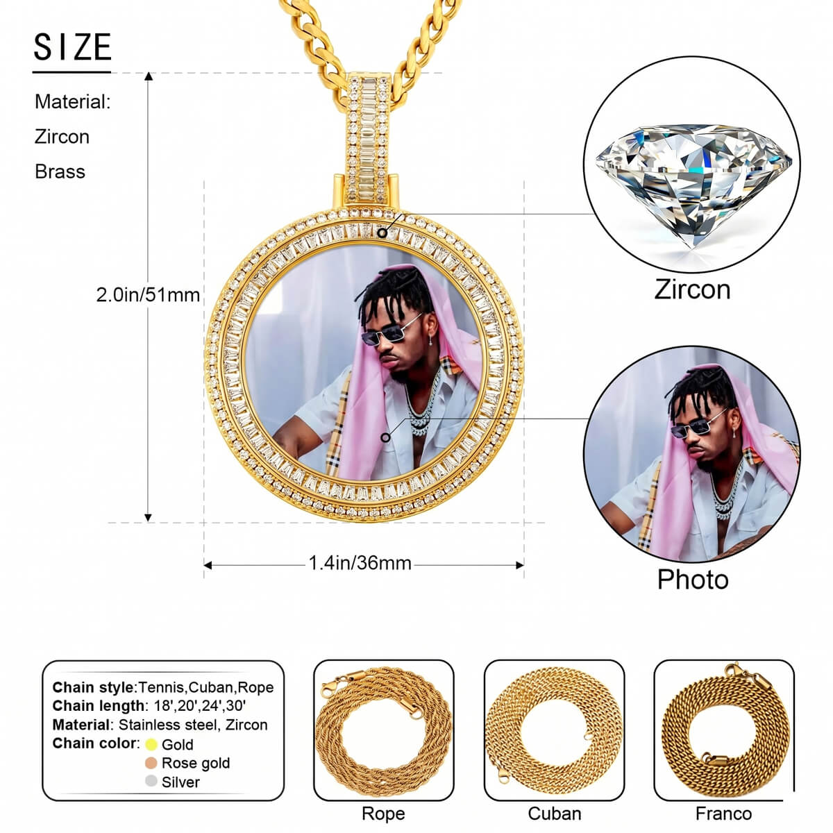 iced out chain with picture pendant, photo, and zircon details, including chain style options.