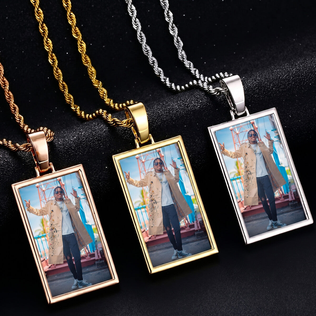 Three photo pendants on different colored, necklace with picture inside 