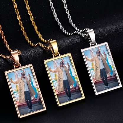 Three photo pendants on different colored, necklace with picture inside 