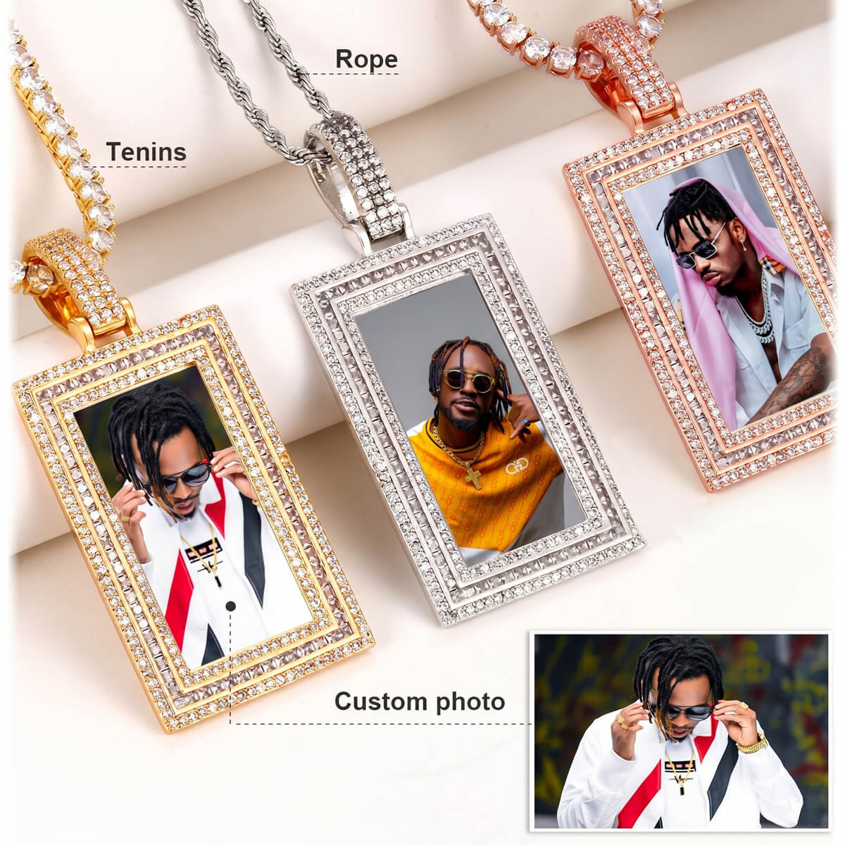 Three photo pendants of a side-angle iced-out square photo pendant