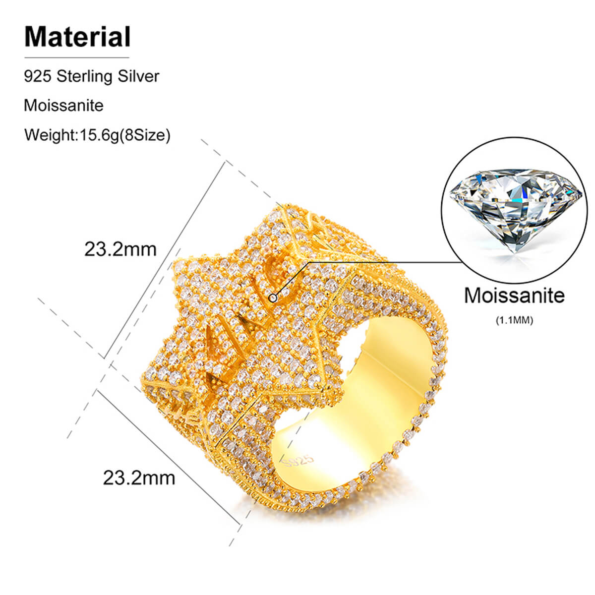 King Iced Out Five Star Ring specifications featuring 1.1mm width, 86 white Moissanite stones, and 15.57 carat total stone weight.