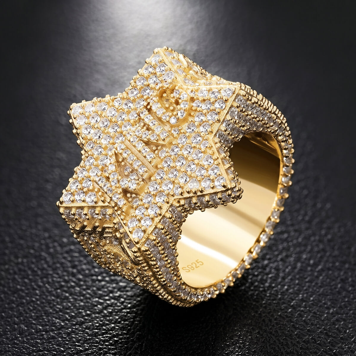 King Iced Out Five Star Ring in gold featuring sparkling CZ or Moissanite stones with a bold hip hop jewelry design.