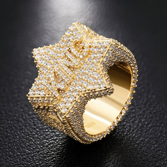 King Iced Out Five Star Ring in gold featuring sparkling CZ or Moissanite stones with a bold hip hop jewelry design.