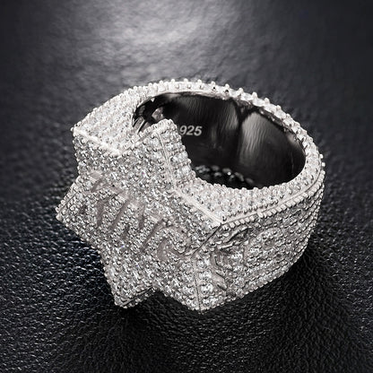 Side view of King Iced Out Five Star Ring in silver showing detailed stone placement and polished finish.