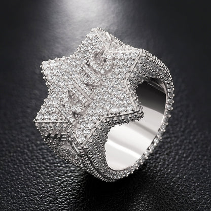 King Iced Out Five Star Ring in silver with sparkling white stones and premium hip hop jewelry styling.