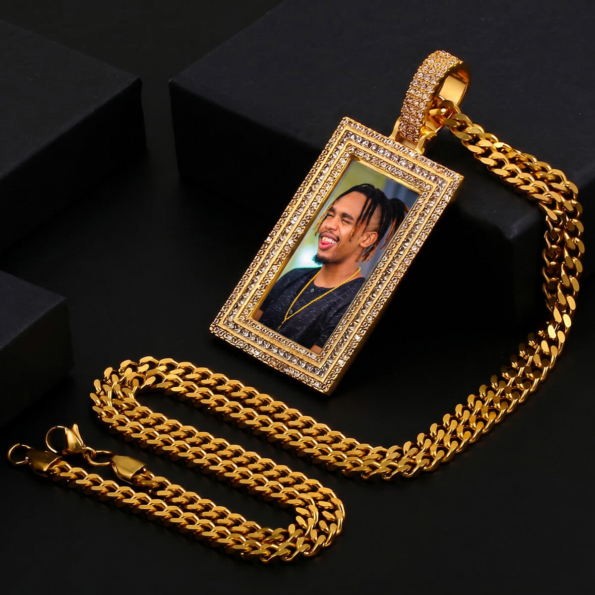 Close-up of engraved rectangle memory pendant