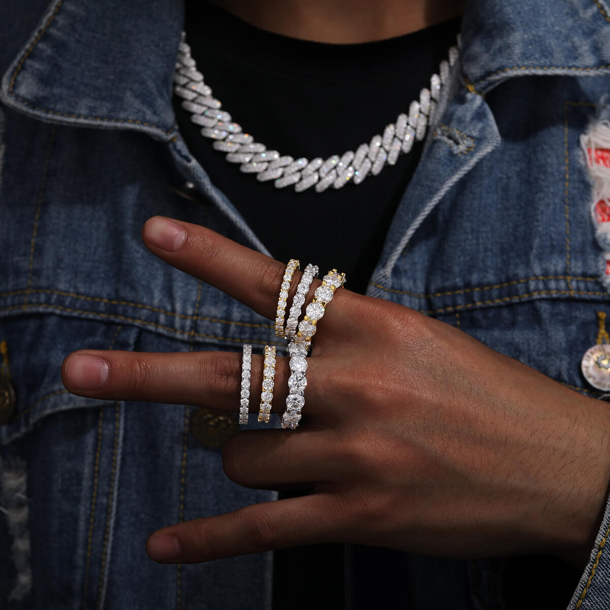 man wearing CZ eternity band ring with diamond look stones