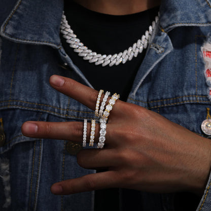 man wearing CZ eternity band ring with diamond look stones