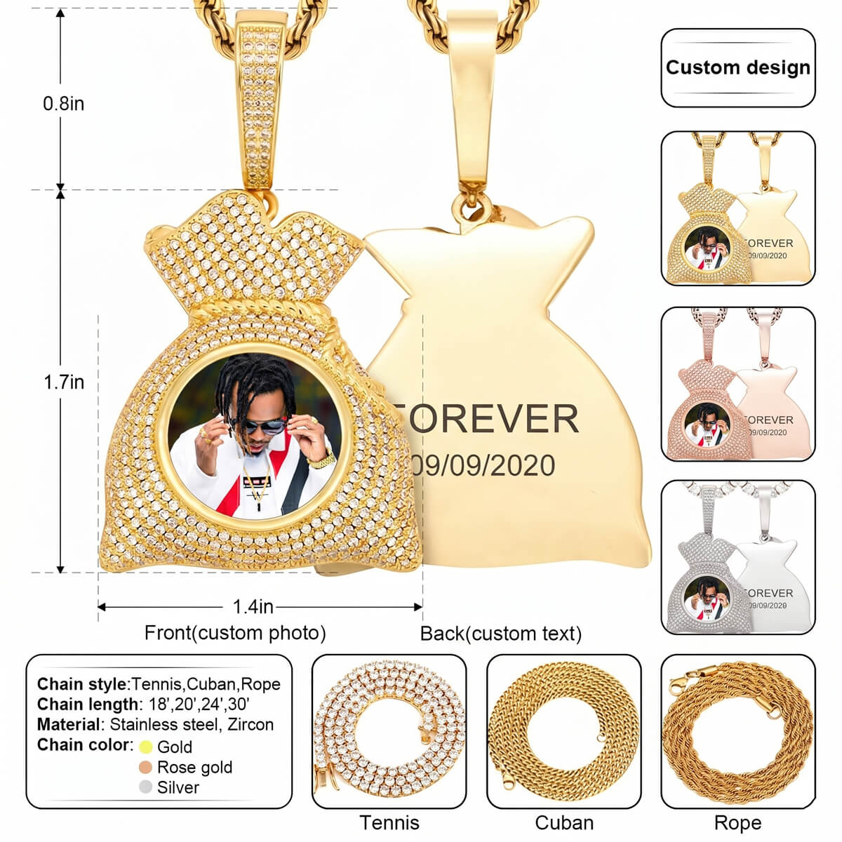 Detailed money bag chain necklace with picture
