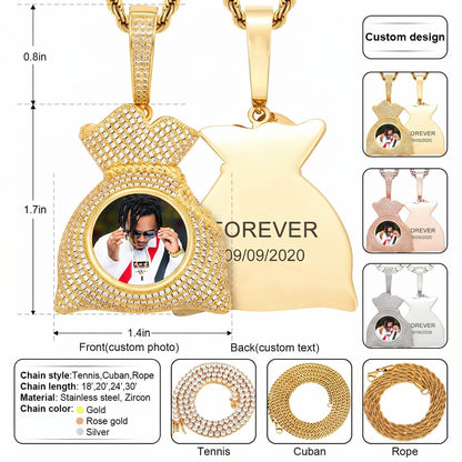 Detailed money bag chain necklace with picture