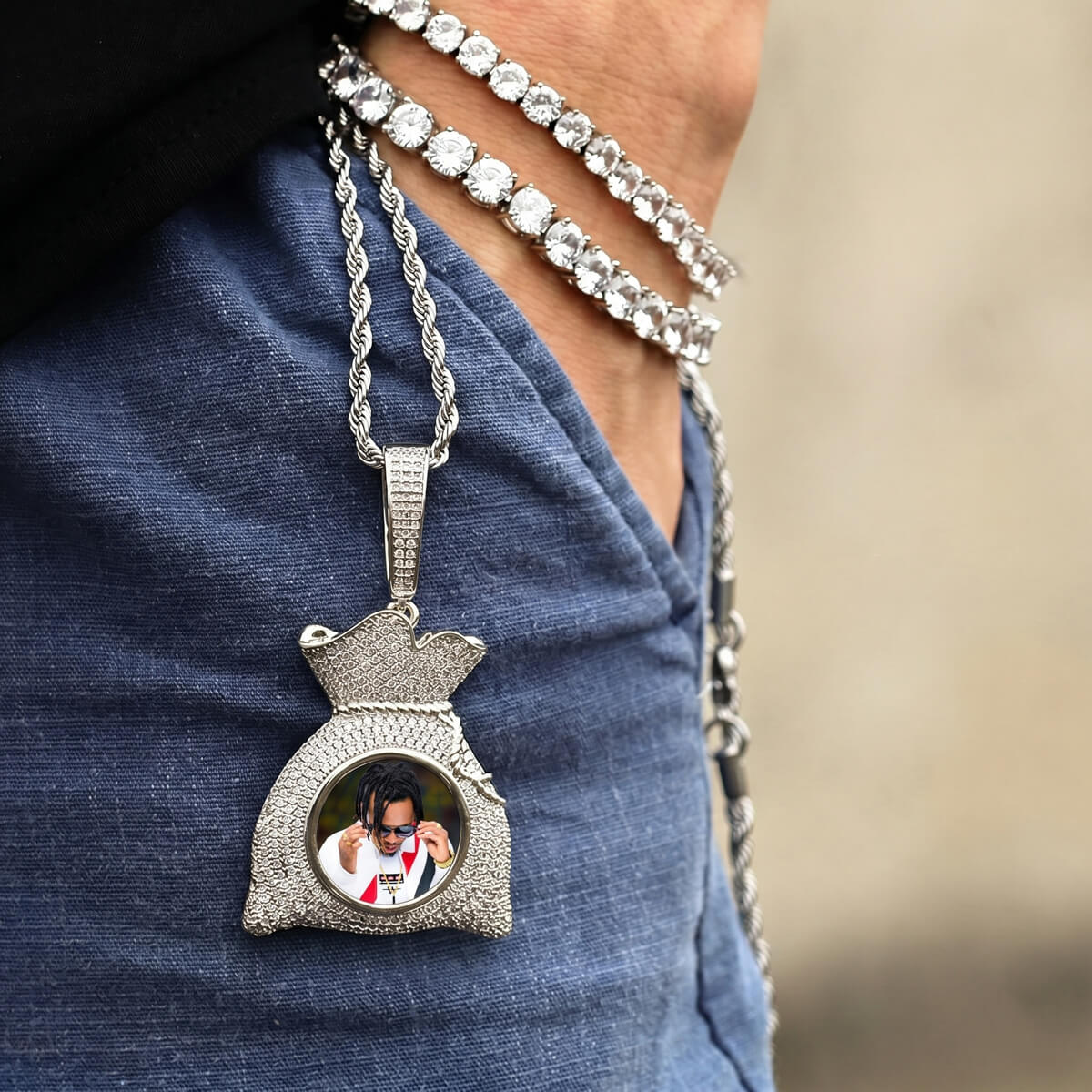 Close-up of iced money bag picture pendant