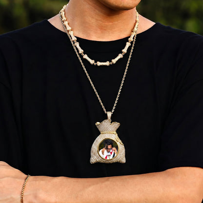 model wearing custom iced out Money Bag pendant with personalized picture necklace
