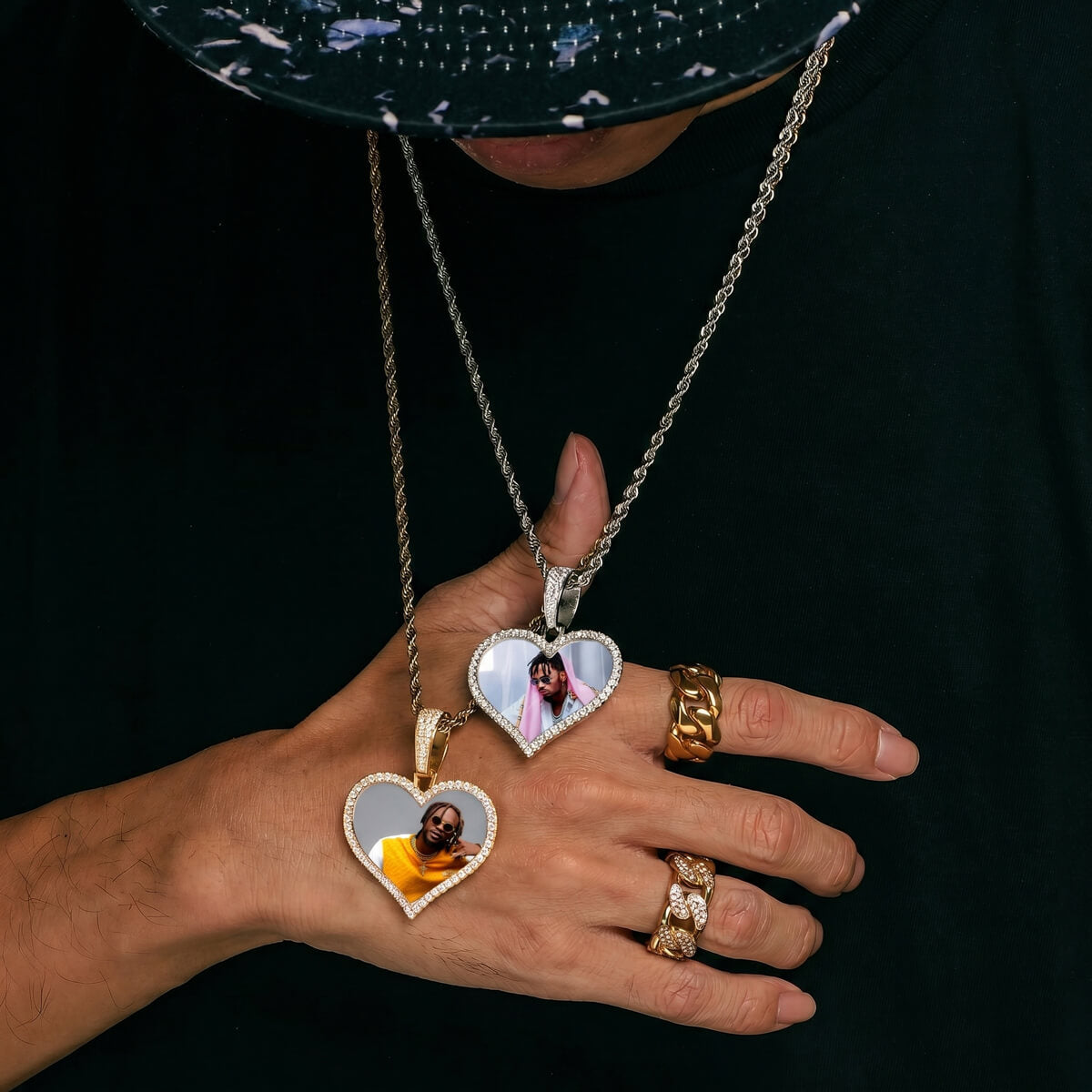 Person wearing personalized heart picture necklace,14k gold heart locket necklace with picture inside