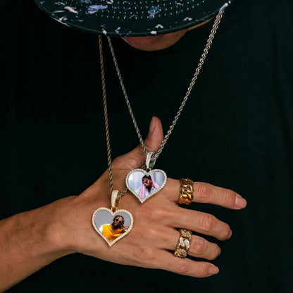 Person wearing personalized heart picture necklace,14k gold heart locket necklace with picture inside