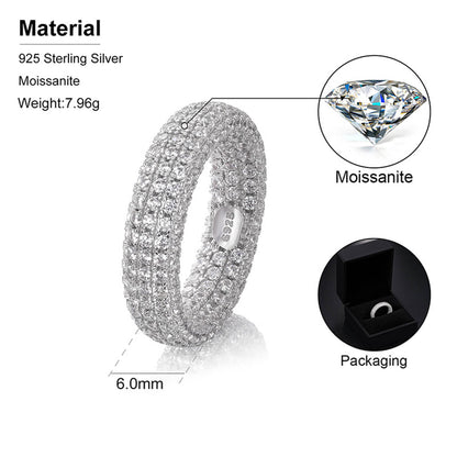 Silver ring with moissanite stones, showing material details and packaging.