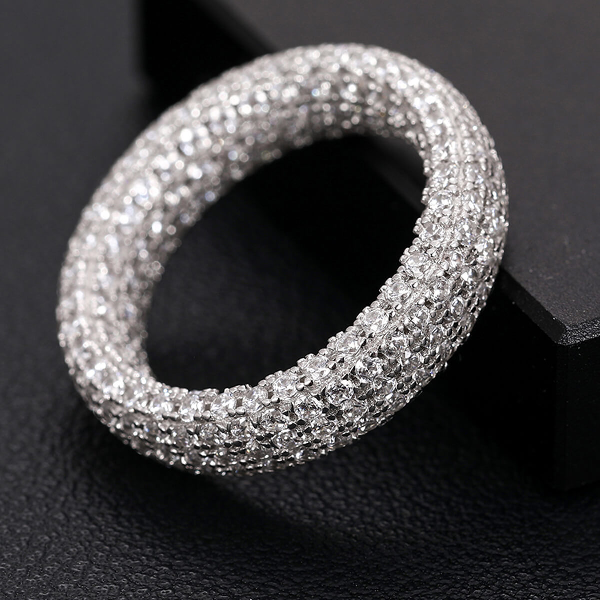 Side view of Rapper Chains 6mm Micro Pave Engagement Ring in sterling silver showing pave stone setting and polished silver band