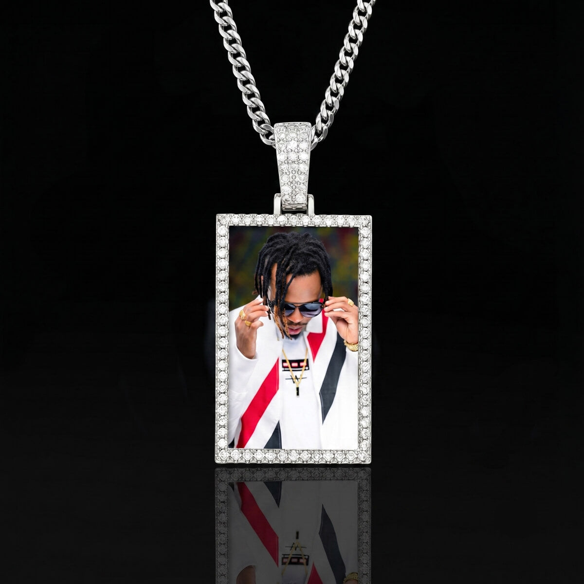 Rectangle iced out picture pendant for men front view