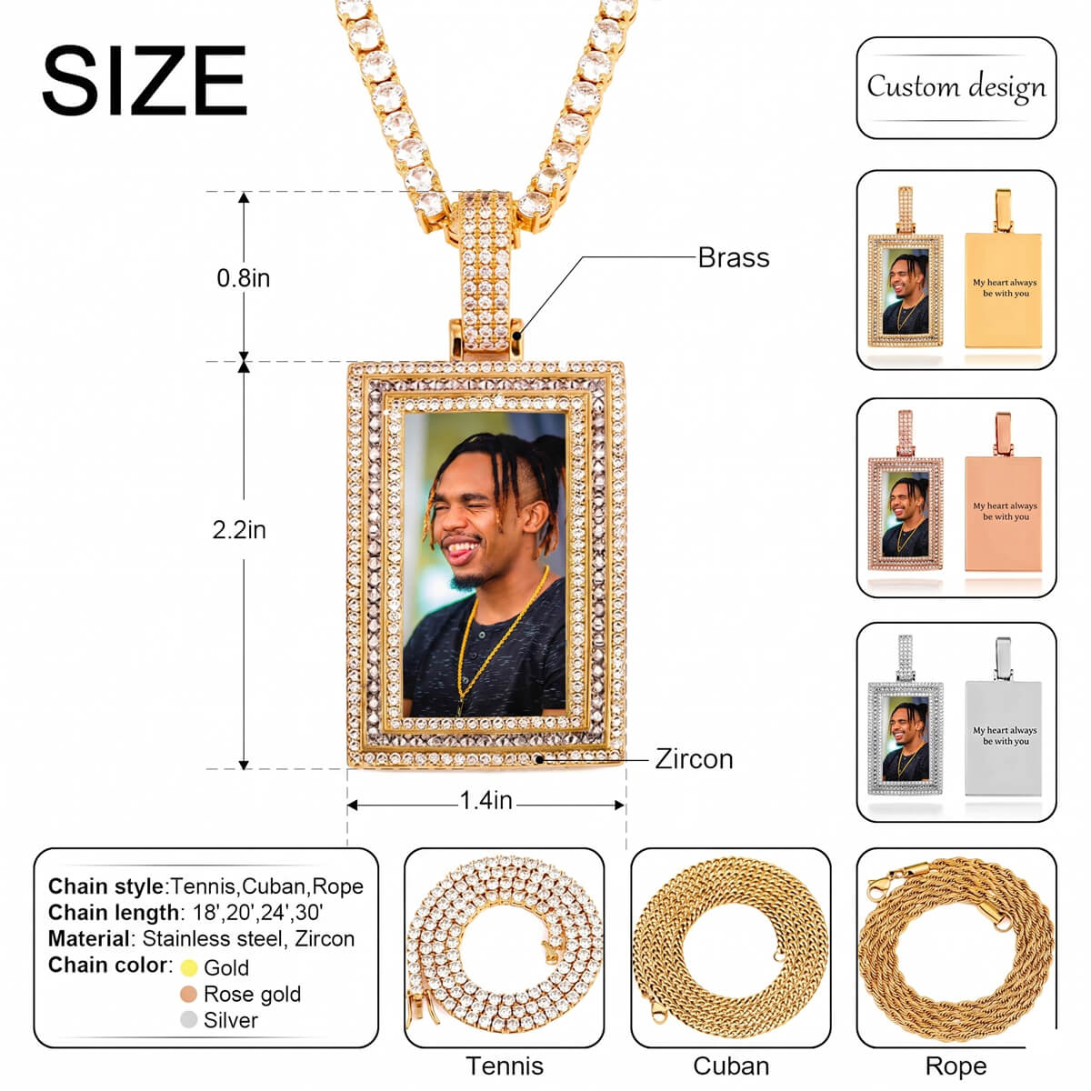 Detailed rectangle memory chain necklace