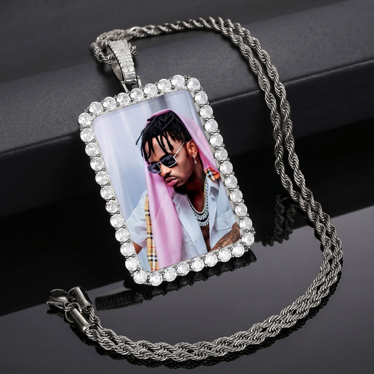 Side angle of custom rectangle memory pendant