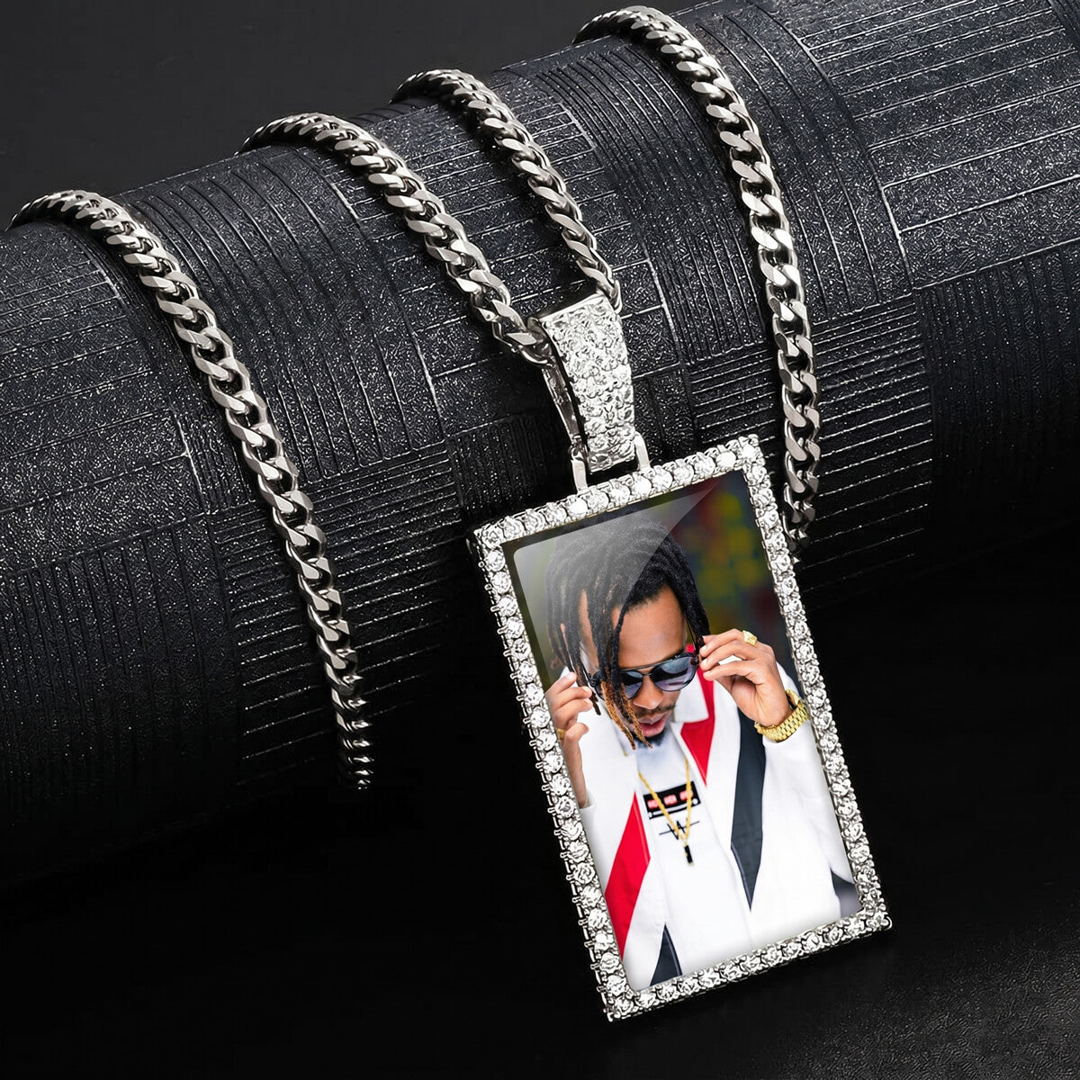 Side angle of rectangle iced out picture pendant
