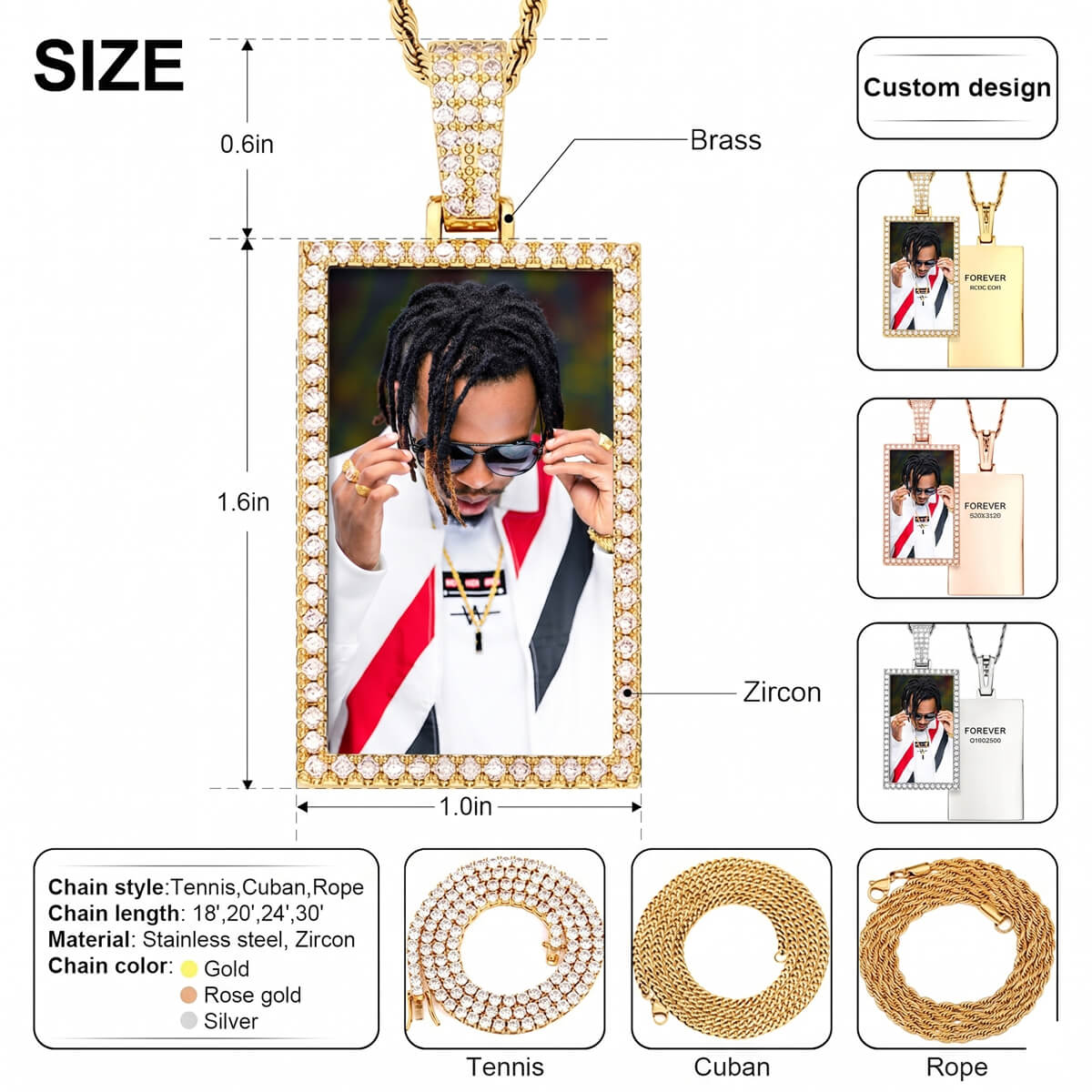 Detailed rectangle picture chain necklace