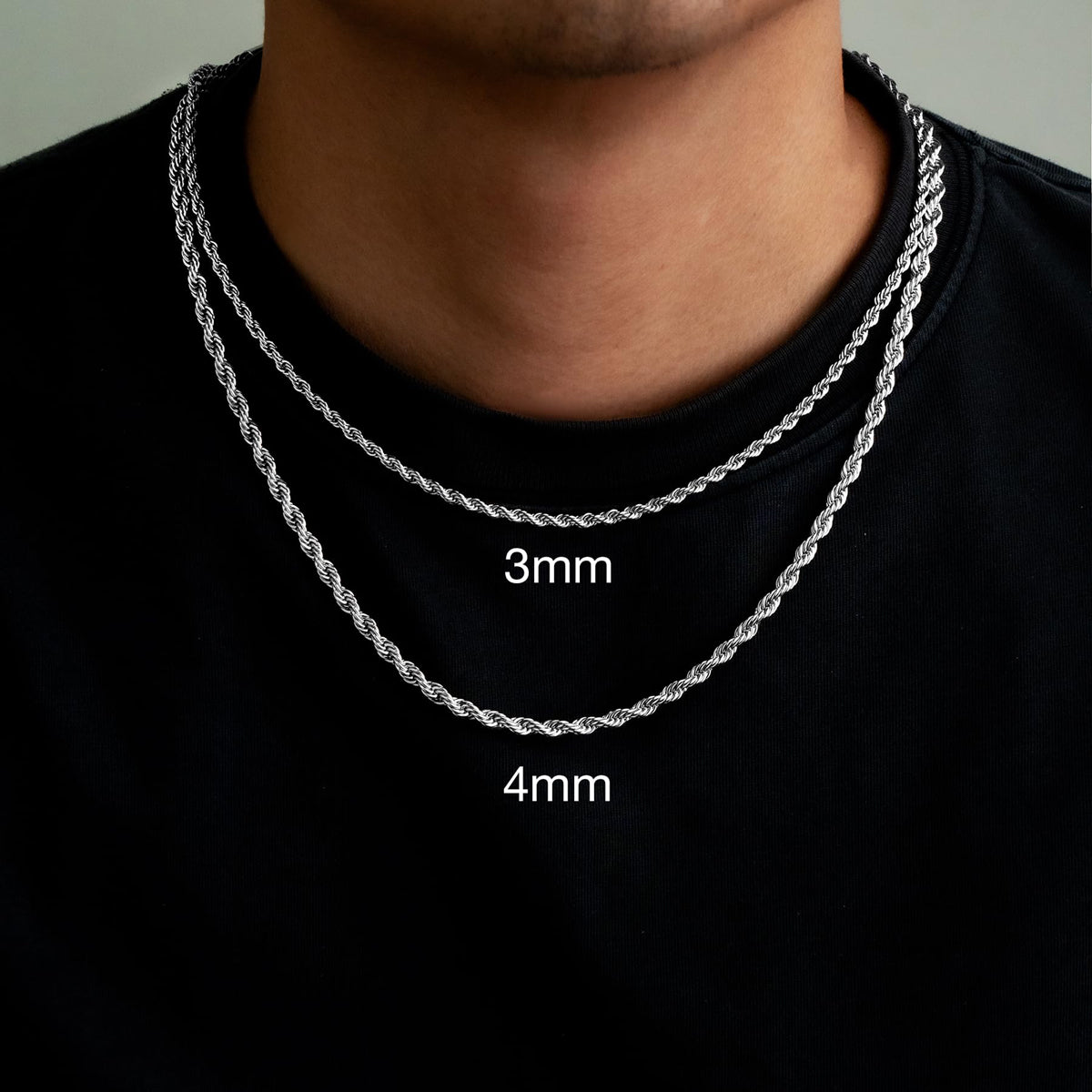 Two silver chains displayed on a person's neck with size labels '3mm' and '4mm'.