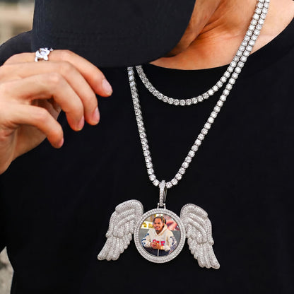 model wearing silver custom Big Angel Wings pendant with personalized picture necklace