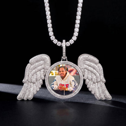 silver custom Big Angel Wings pendant with personalized picture and chain