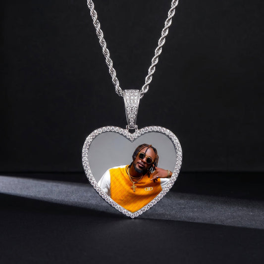 Heart-shaped pendant with a photo, 18K gold heart necklace with picture front view