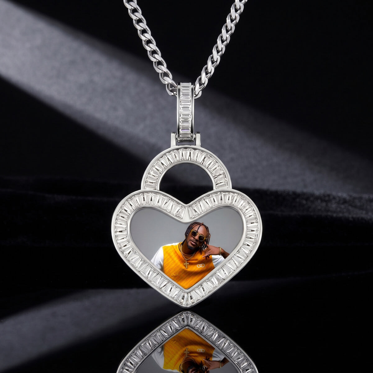 Iced out heart pendant with picture front view,