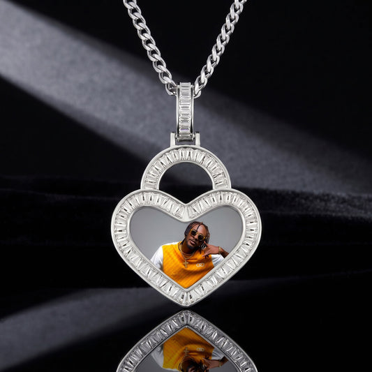 Iced out heart pendant with picture front view,