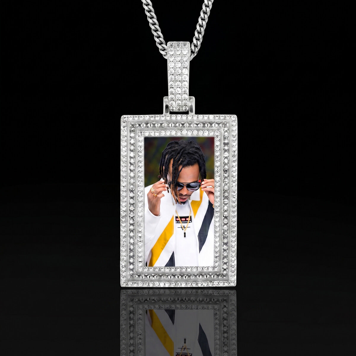 18K gold iced out square photo pendant front view