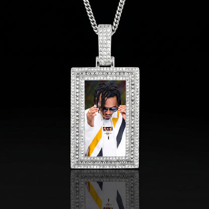 18K gold iced out square photo pendant front view