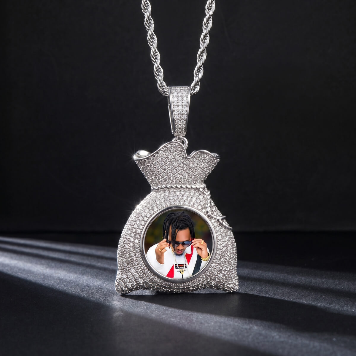 silver custom iced out Money Bag picture pendant with personalized photo