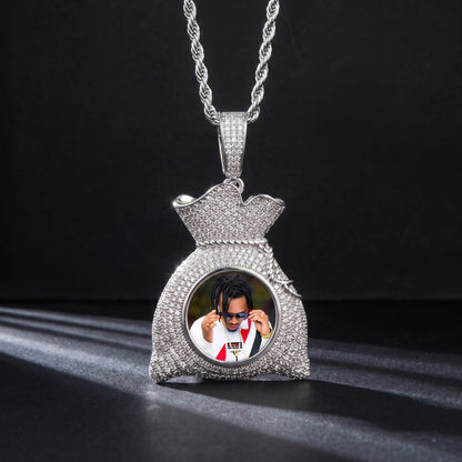 silver custom iced out Money Bag picture pendant with personalized photo