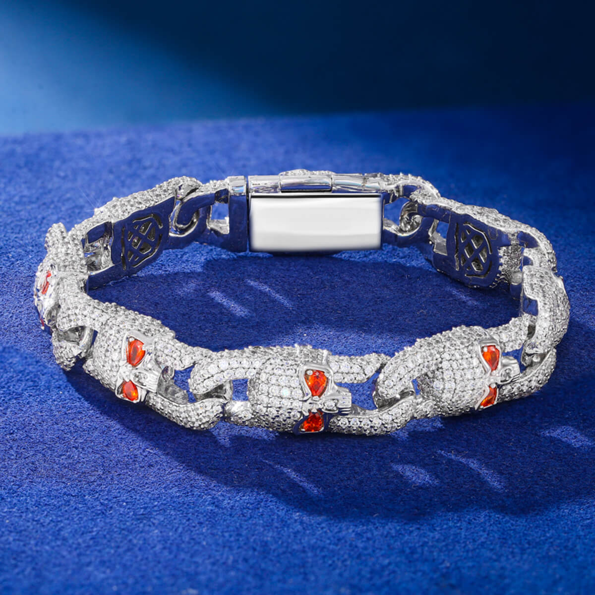silver Skull Miami Cuban bracelet with detailed skull links