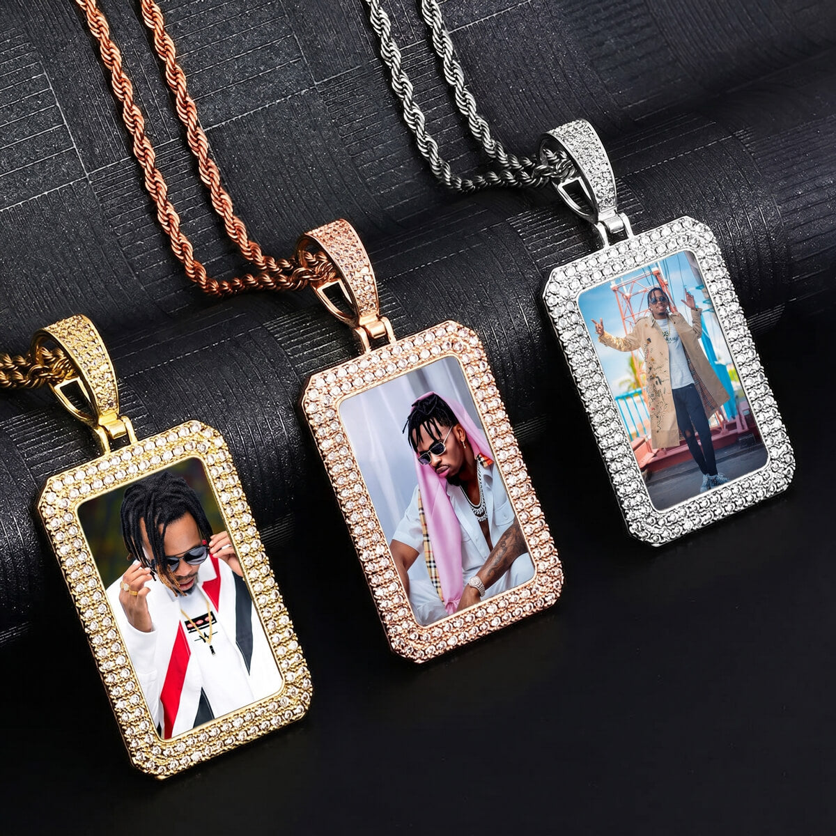 Three rectangular pendants Side angle of square picture chain pendant