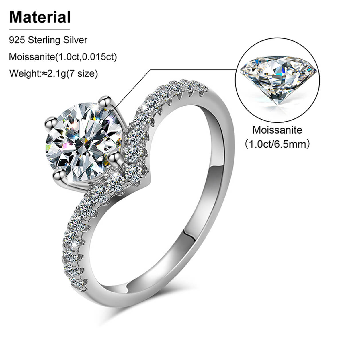 V-Shape Solitaire Engagement Ring specifications featuring 17 accent stones, 1 center stone, and 1.26 carat total stone weight.