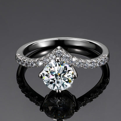 Side view of V-Shape Solitaire Engagement Ring in silver showing the elevated center stone and elegant curved band.